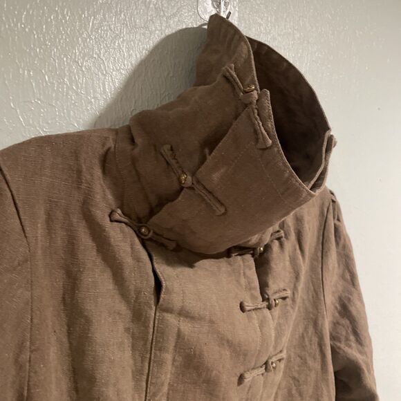 Unique Tan Linen Jacket Coat Asymetric Frog Closure Lagenlook Vintage M/L - Picture 6 of 12